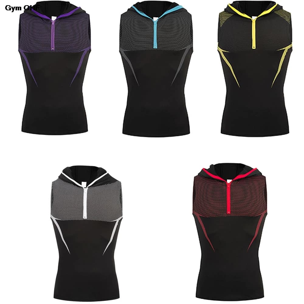 Compression Vest Hooded Gym T Shirts Rashgad MMA Men Bodybuilding Sports Hooded Singlet Quick Dry Running Shirt Mens Tight