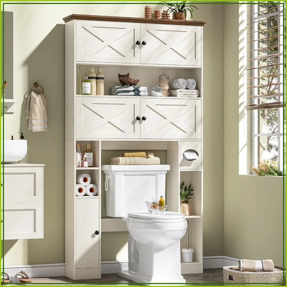 Farmhouse Over Toilet Storage Cabinet with 4 Barn Doors, Adjustable Shelf & Toilet Paper Holder, Space Saving Bathroom Organizer, Rustic White