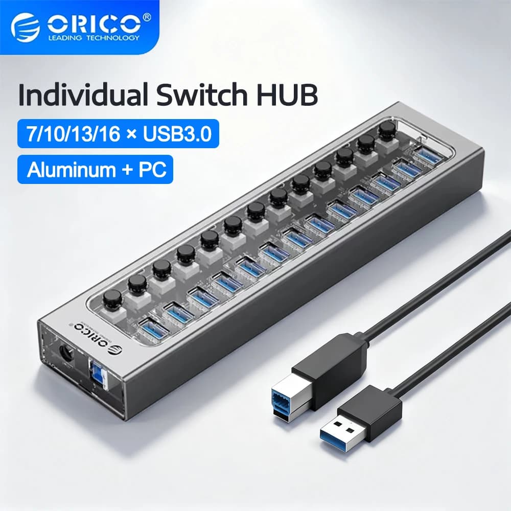 ORICO USB HUB 7-16 porte USB3.0 Splitter 5 Gbps con interruttore individuale Adattatore di alimentazione per PC Laptop USB Extender Docking USB-B
