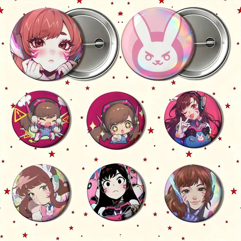 Pop Game Overwatch Fan D.Va Enamel Pin Tinplate Round Brooch Cosplay Nijigen Otaku Culture Badge 25mm 32mm 44mm 58mm