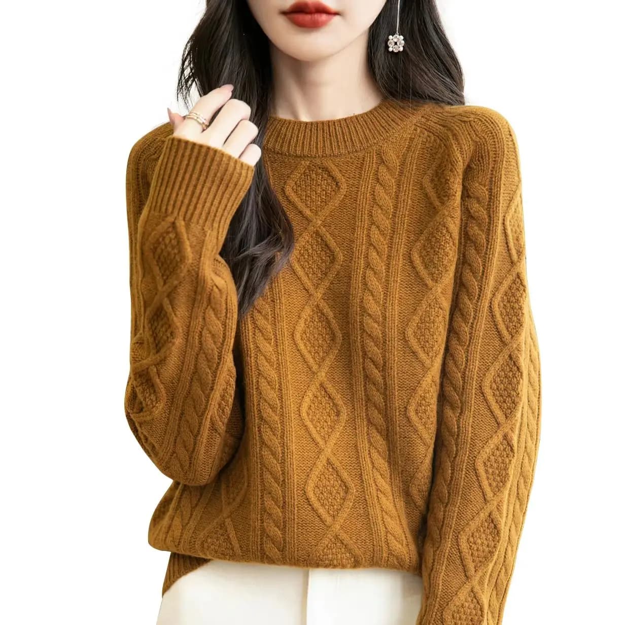Maglione lavorato a maglia per top da donna 100% lana merino Autunno Inverno O collo Pullover a maniche lunghe Maglioni lavorati a maglia vintage Abbigliamento femminile