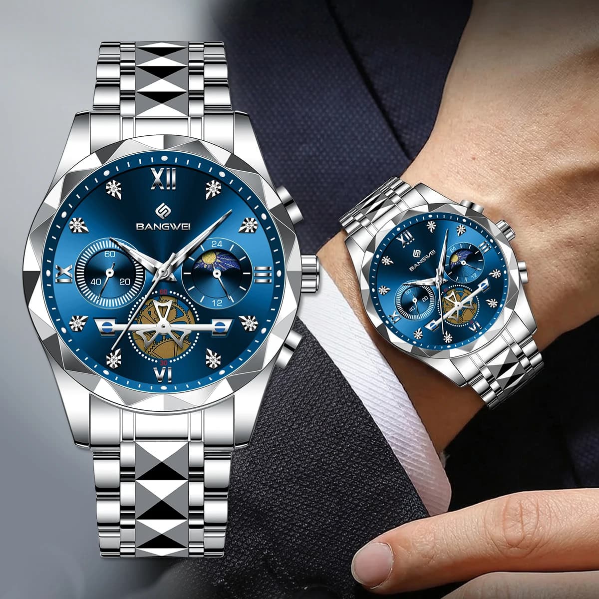 Men's Watch BANGWEI from Unique Design, Luxurious, Elegant, with Stainless Steel Strap, Moon Phases 24 Hours, Bright, Waterproof + Pack
