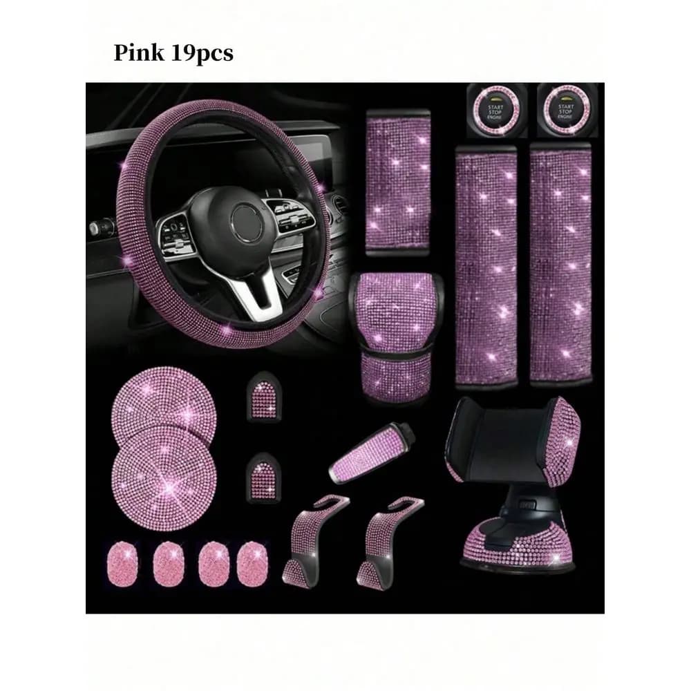 Womens Car Decoration Set, Includes Steering Wheel Cover, Seat Belt Cover, Gear Shift Cover, Phone Holder, Cup Holder, Etc., Bl
