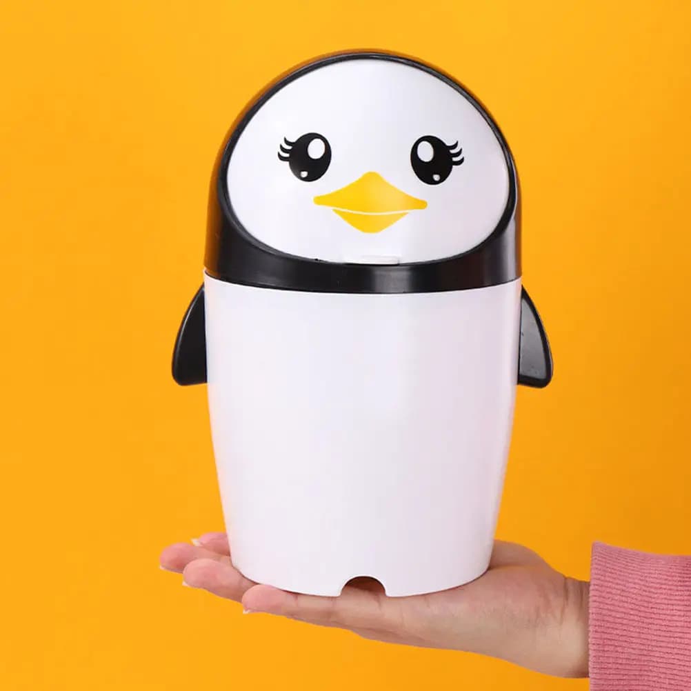 Cestino per Rifiuti a Forma di Pinguino, Mini Bidone Ribaltabile in Plastica per Auto, Camera da Letto, Ufficio, Scrivania, Piccolo Cestino Decorativo
