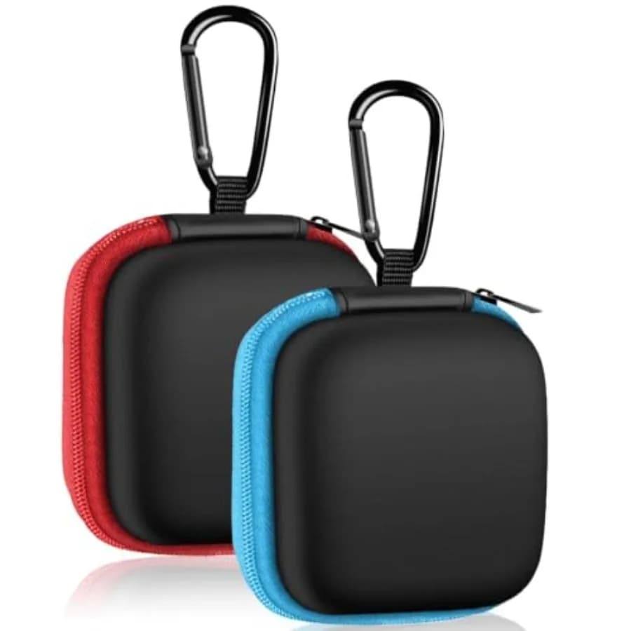 2 Pack Square Earbud Case Storage Bag with Carabiner, Blue/Red Portable EVA Carrying Case, For Wired/Wireless Headphones, SD Ca