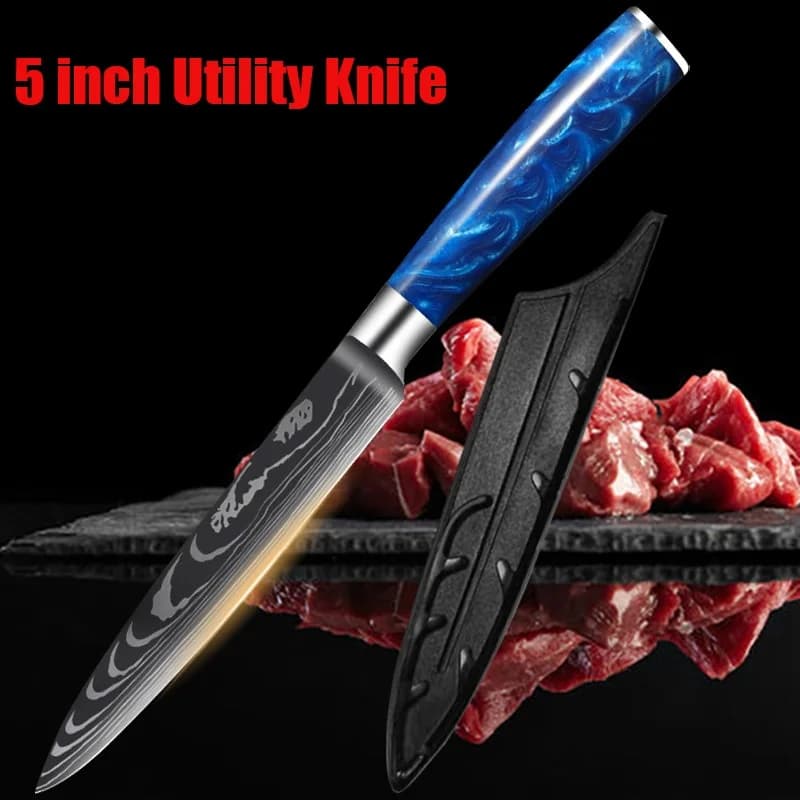 WXCOO Set di Coltelli da Cucina da 5 Pollici, Coltello da Chef con Manico in Resina Blu, Motivo Damascato, Coltello da Macellaio e per Affettare