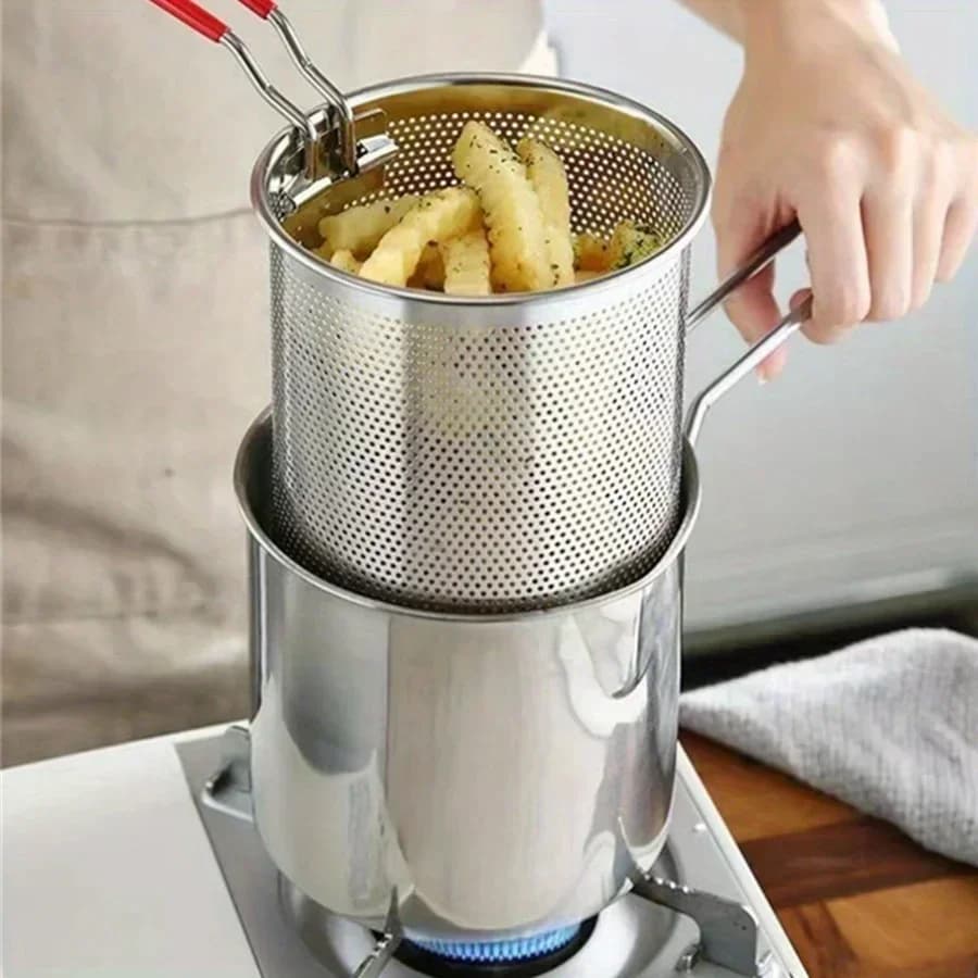 SUS304 stainless steel fryer with fries and chicken wings, small pot for domestic oil with filter screen, Tianfu Luo pot