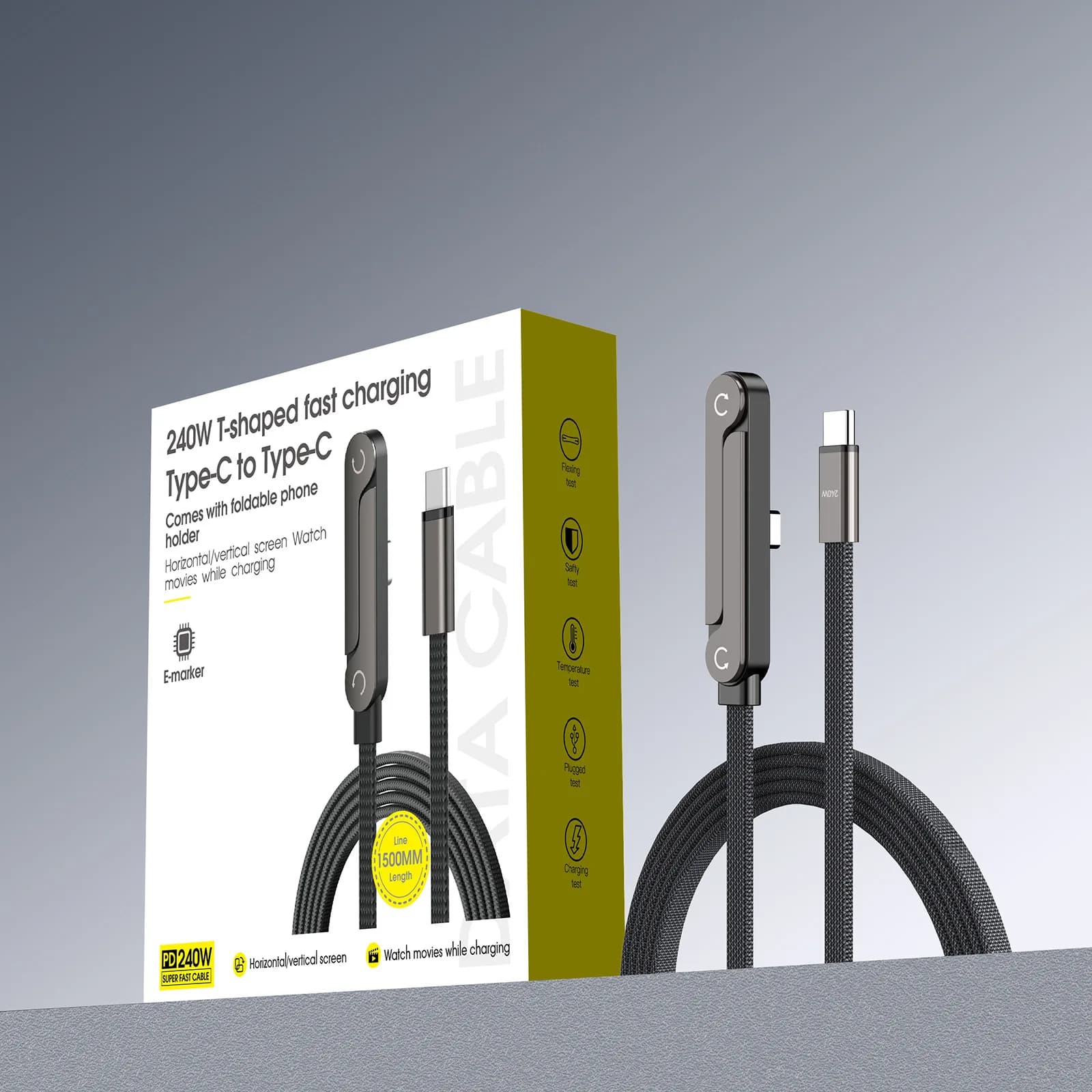 240W Fast Charging Cable With Foldable Phone Holder 2-in-1 Type-C Quick Charge Data Wire USB C Charging Line For Mobile Phone