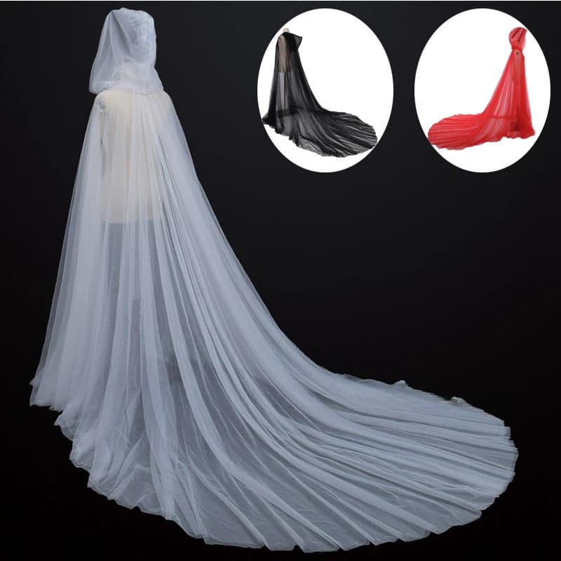 Costume di Halloween per donna Cappuccio Mantello in tulle Mantello Nero Bianco Rosso Matrimonio Sposa Lunghezza pavimento Mantelli natalizi in morbida rete