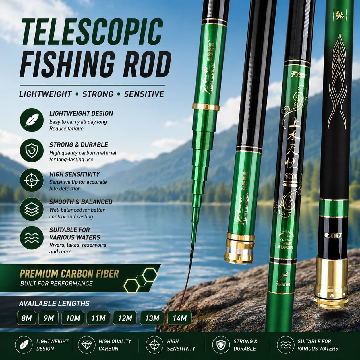 FISHINGFANS 8m 9m 10m 11m 12m 13m 14m Ultralight Super Hard Carbon Fiber Freshwater Carp Stream Pole Fishing Rod