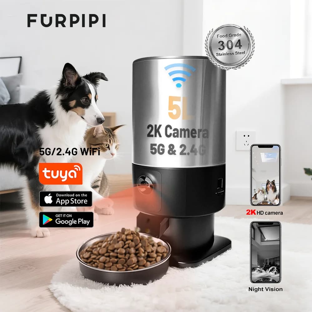 Mangiatoie automatiche intelligenti per gatti Furpipi 5L con fotocamera HD 1080P Mangiatoia per animali domestici WiFi 5G Tuya APP Controllo automatico di crocchette per gatti