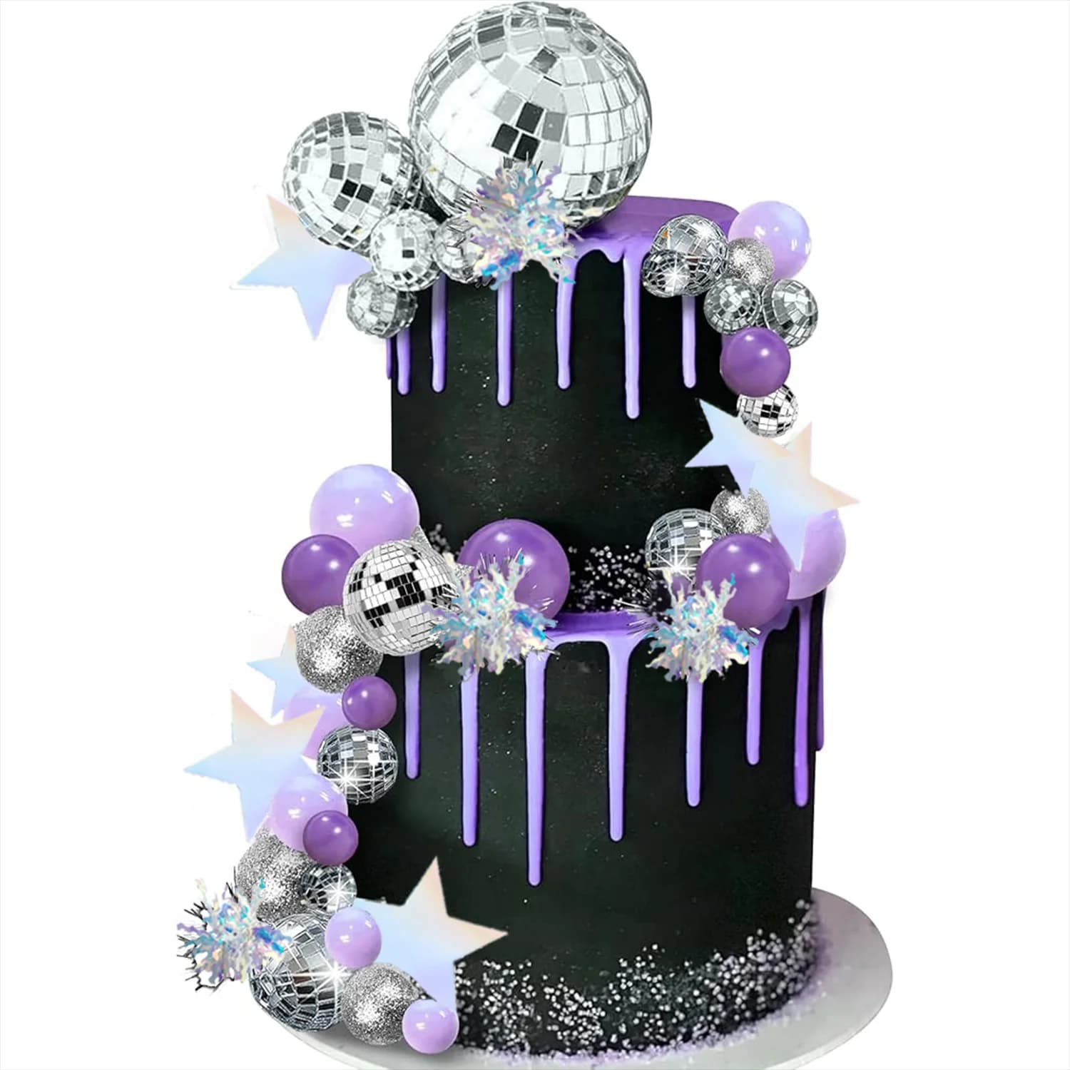 Purple Disco Ball Mirror Balls Cake Decorations with Silver Stars Cake Topper for Disco Dance Party Saturday Night Supplies