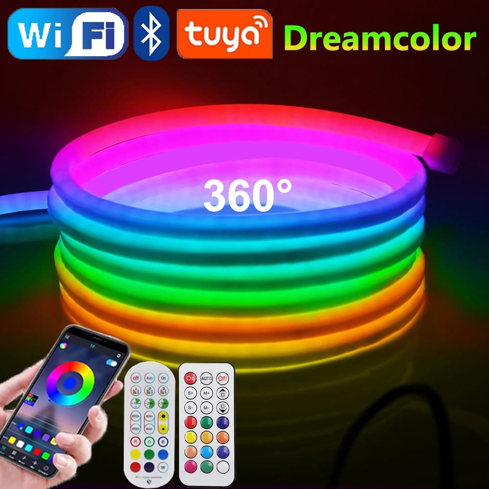 WS2811 Dream Color Rotondo Neon LED Strip Light 24V 120LED/m Tuya WiFi Bluetooth Controllo Neon Corda Luce Impermeabile Decorazioni natalizie