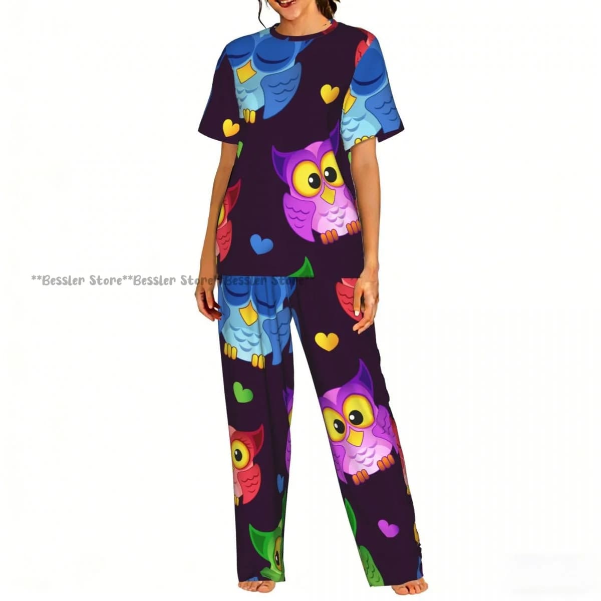 Women's casual pajamas set with short sleeve pants with cute colorful owls