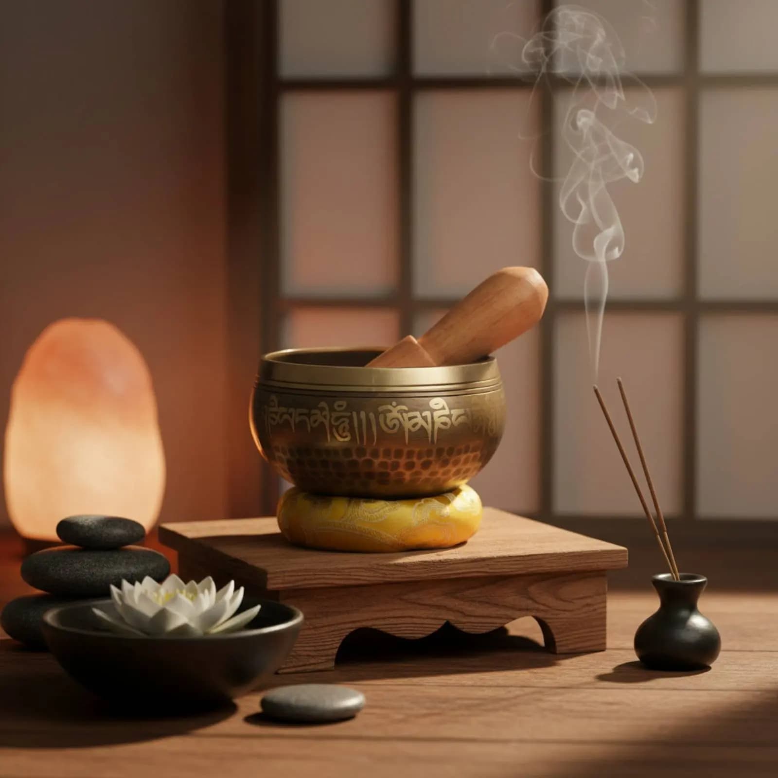 Tibetan Singing Bowl Set Engraved Mantras Handmade Brass Meditation Bowl for Mindfulness