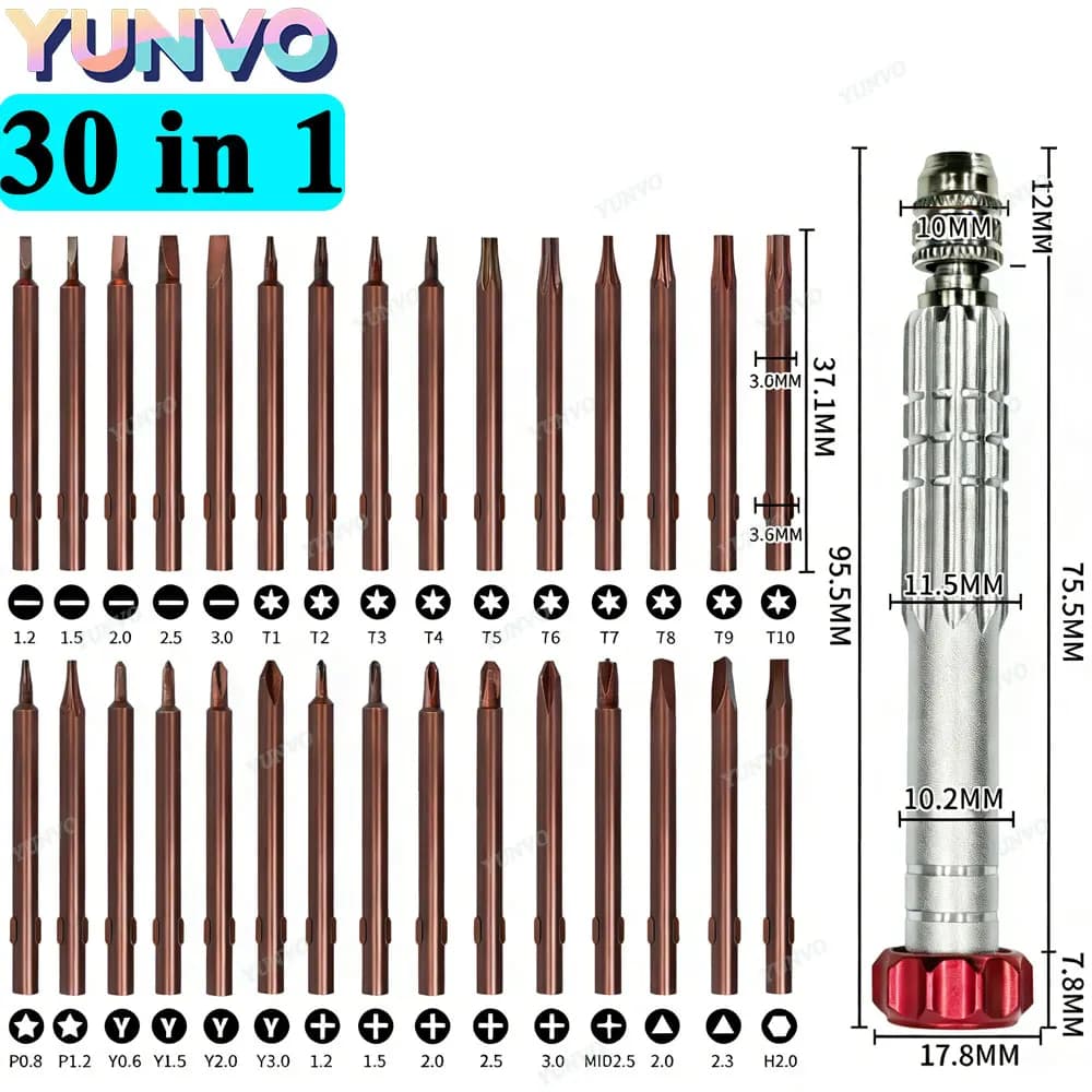 Set di Cacciaviti di Precisione Magnetici 30 in 1, Punte in Acciaio S2, Kit di Riparazione per Telefoni, Orologi e Occhiali per iPhone e Android