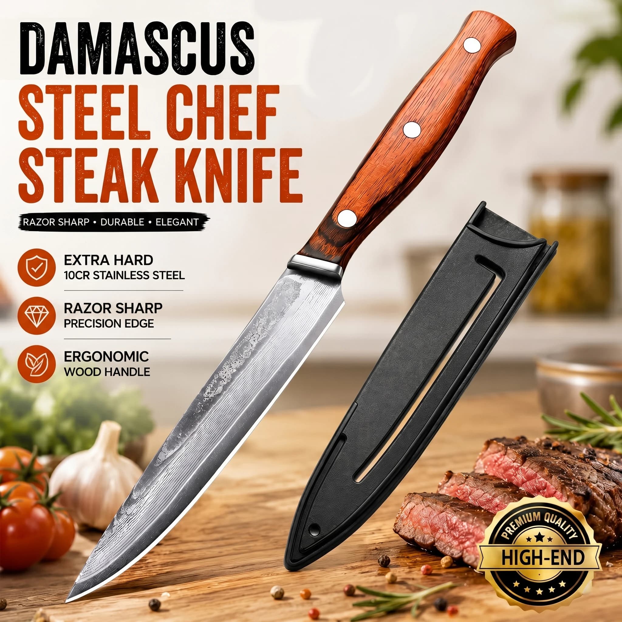 Damascus pattern straight knife, 10Cr stainless steel kitchen knife, kitchen sharp slicing knife with wooden handle and sheath