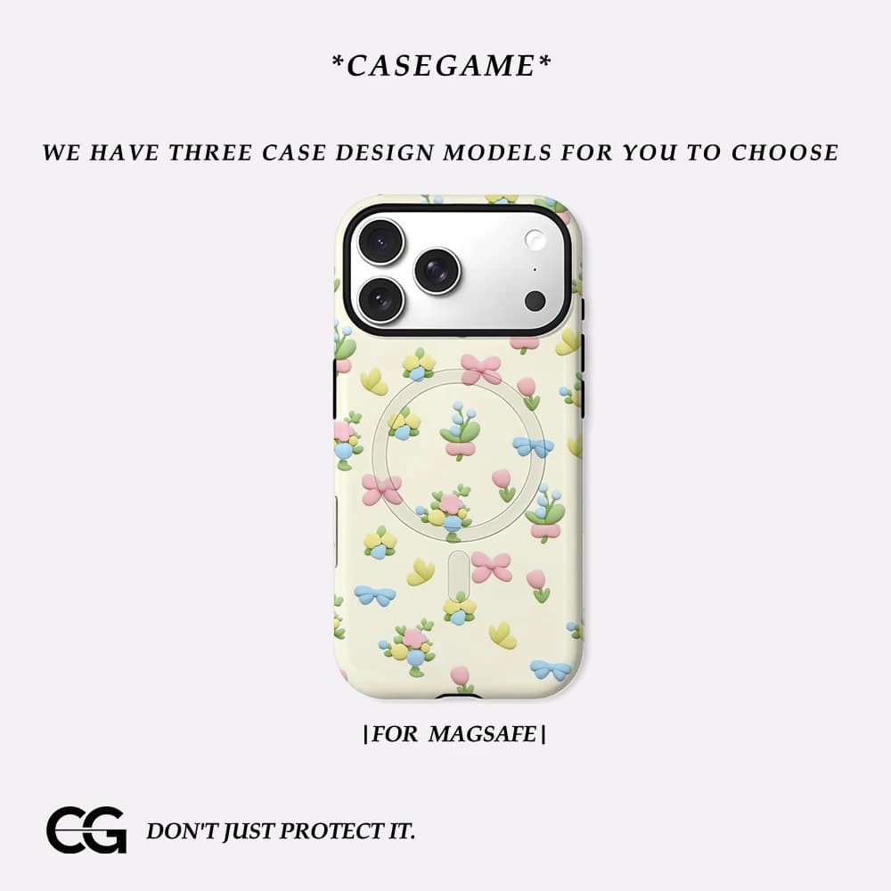 Casegame Cover Opaca Antiurto per iPhone 17 16 15 14 Plus 13 Pro Max con Bumper per MagSafe, in PC Rigido, Stampa Floreale in Argilla, Design Carino