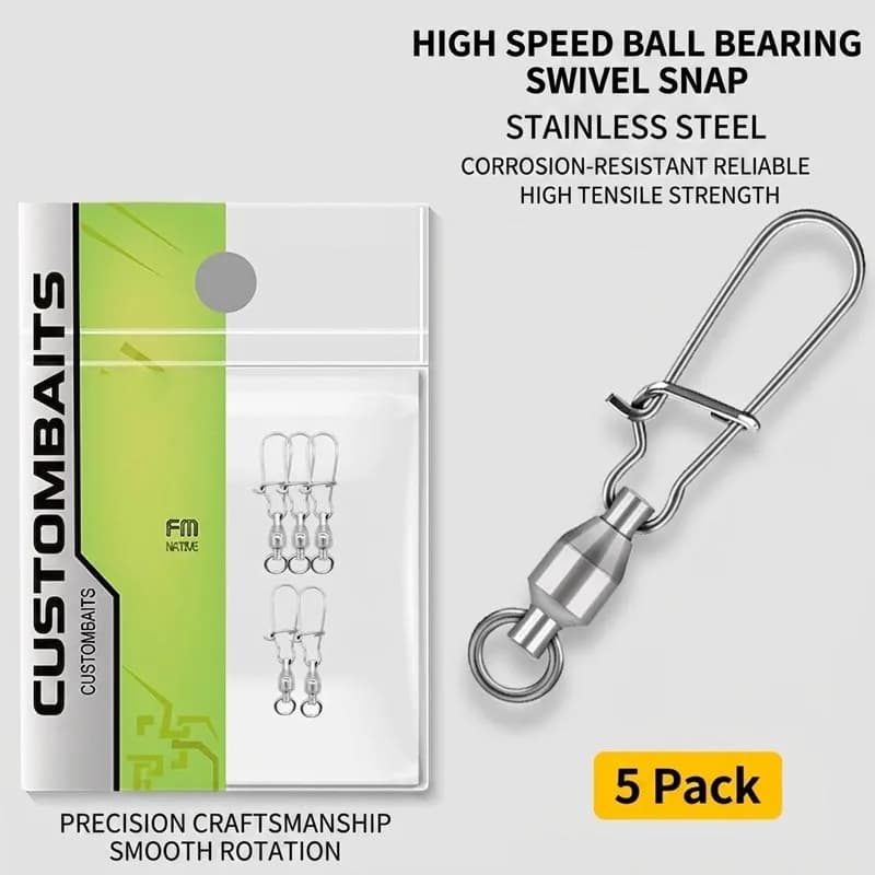 Stainless Steel Ball Bearing Swivels with Safety Snaps, High Speed Fishing Connectors for Lures & Hard Baits, Anti-Twist