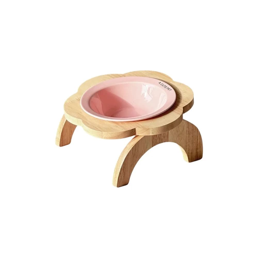Ceramic Flower Shaped Pet Bowl Anti-Spill Detachable Raised Cat Food Bowl with Wooden Stand Non-Slip Elevated Cat Bowl
