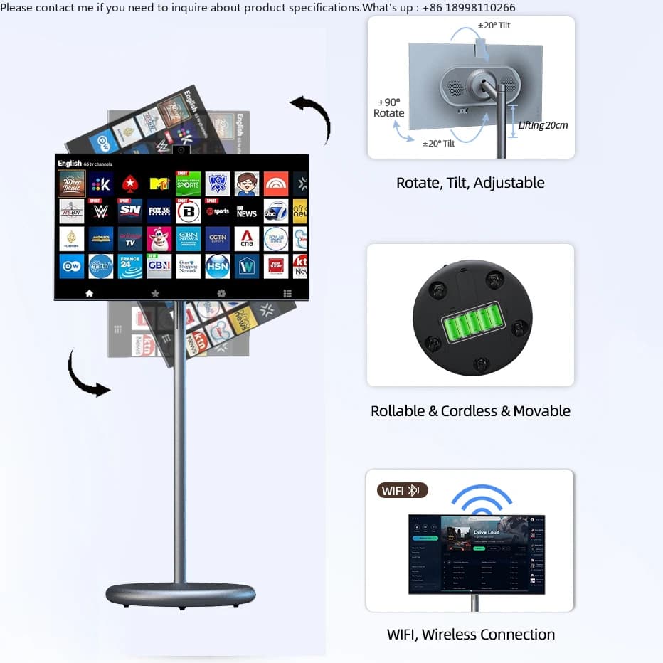 Monitor TV Portatile Intelligente con Display LCD, Segnale Digitale, Supporto e Alimentazione a Batteria, Monitor TV Android Mobile