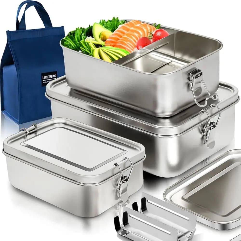 Set di 3 Contenitori Bento in Acciaio Inox 304, Scatole per Pranzo Ermetiche in Metallo con Coperchi (81oz/47oz/29oz), in Acciaio Inox con 3 Scomparti