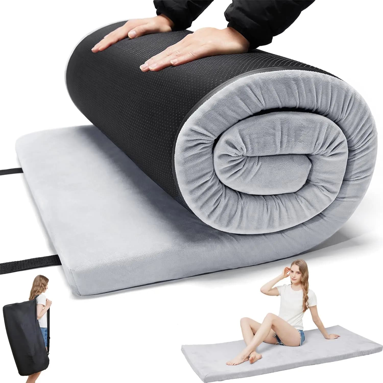 Foam camping mattress - Portable mattress for camping, tent, car and floor - Washable coating and rollable travel bag