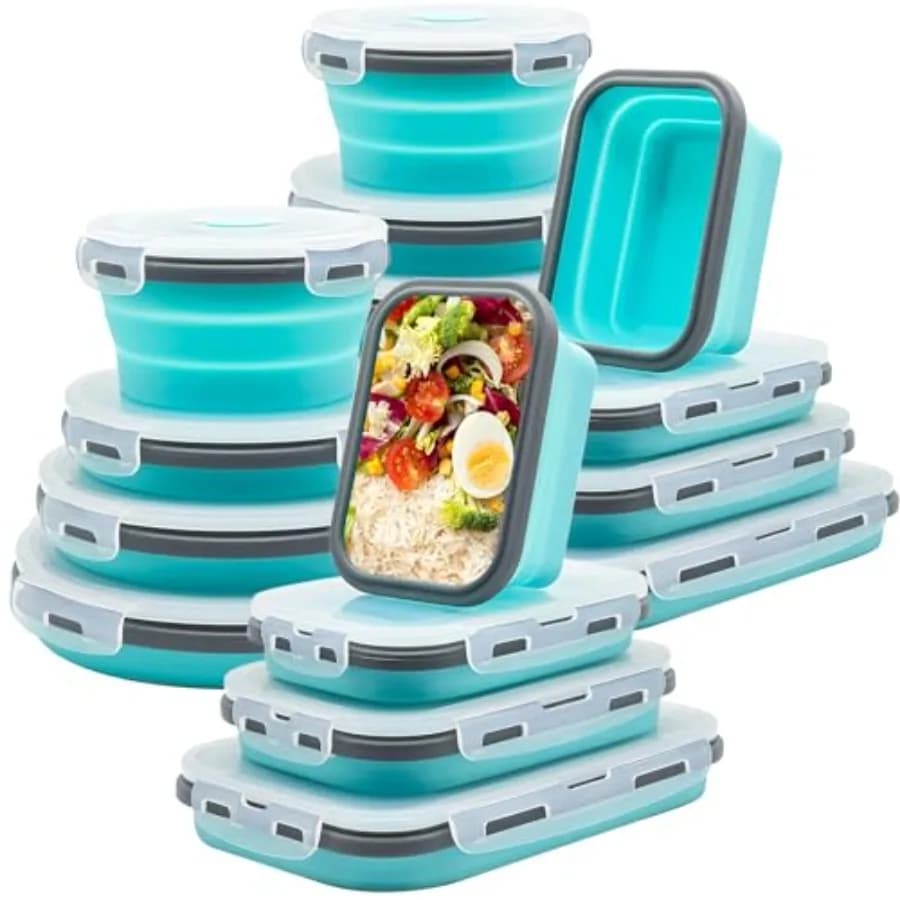 Set di 16 Contenitori Pieghevoli in Silicone per Alimenti con Coperchi, Adatti per Freezer e Lavastoviglie, Lunch Box Richiudibile per Camper e Rimanenze