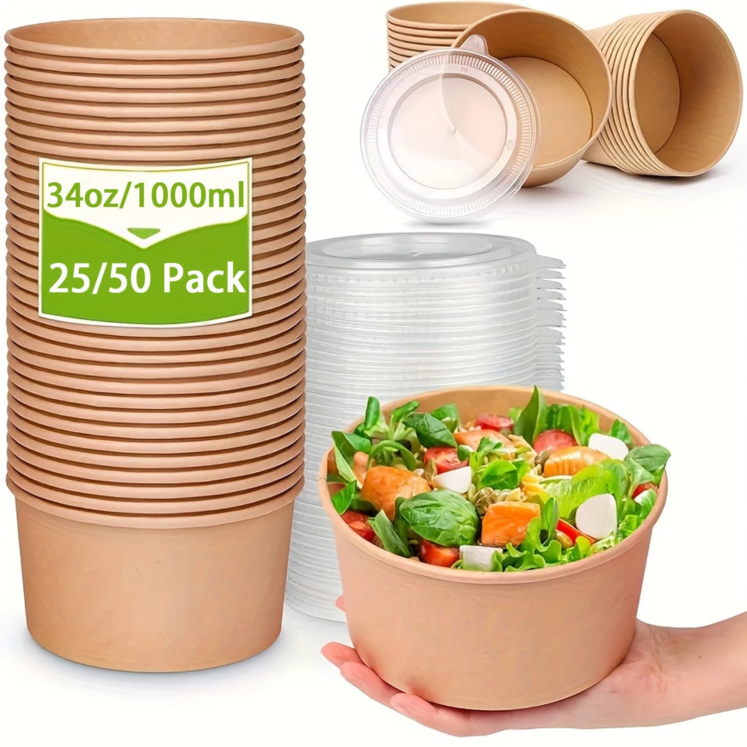 Ciotole di carta da 34 Oz/1000 ml Confezione da 25/50 con coperchi, ciotole per zuppa usa e getta, contenitori per alimenti, scatole per il pranzo, insalate, ciotole per la preparazione dei pasti
