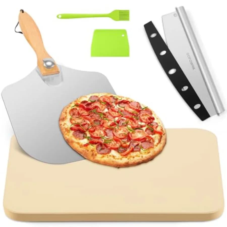 Pizza Stone 5 PCS Set, 15 x 12" Large Rectangle Pizza Stone Set for Oven and Grill with Metal Pizza Peels and Cutter Rocker, 0.