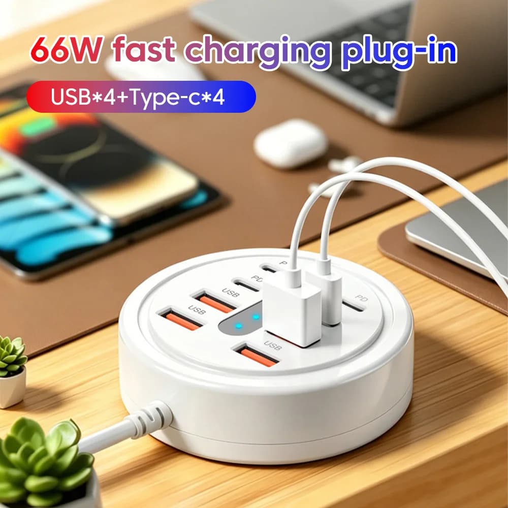 USB Plug Charger 4USB+4Type-C Fast Charging Adapter With Lights Mobile Phone Charging Socket Laptop External USB Docking Station
