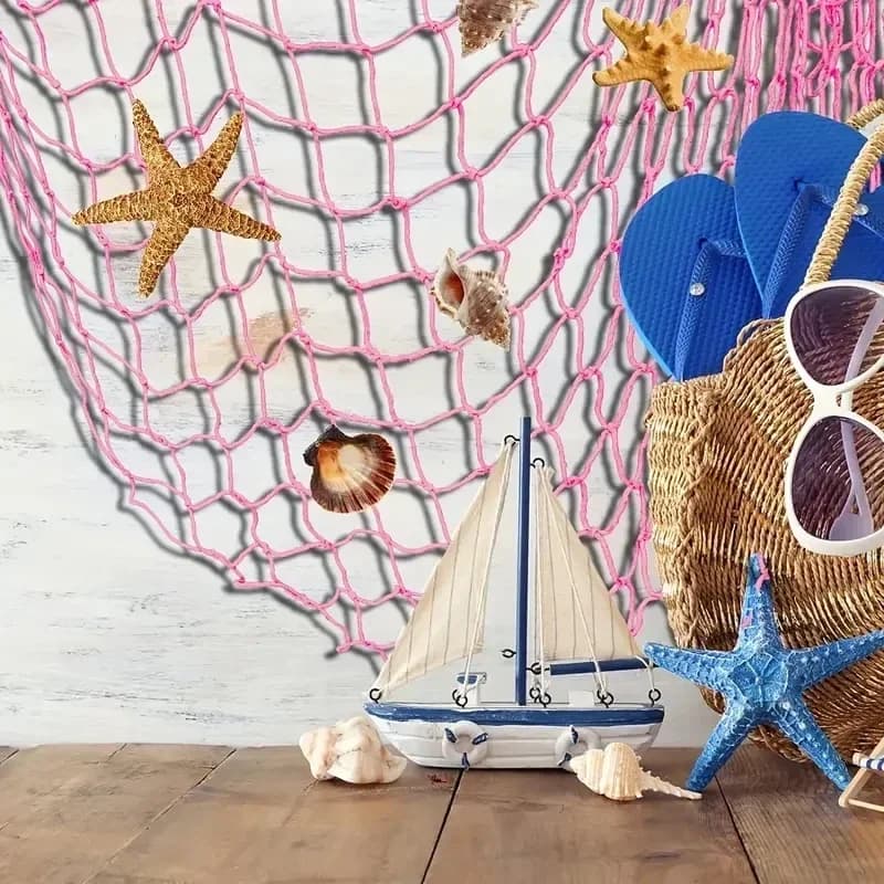 Decorazione della rete da pesca nautica con conchiglie di mare per la festa a tema della spiaggia, decorazione della stanza da appendere alla parete