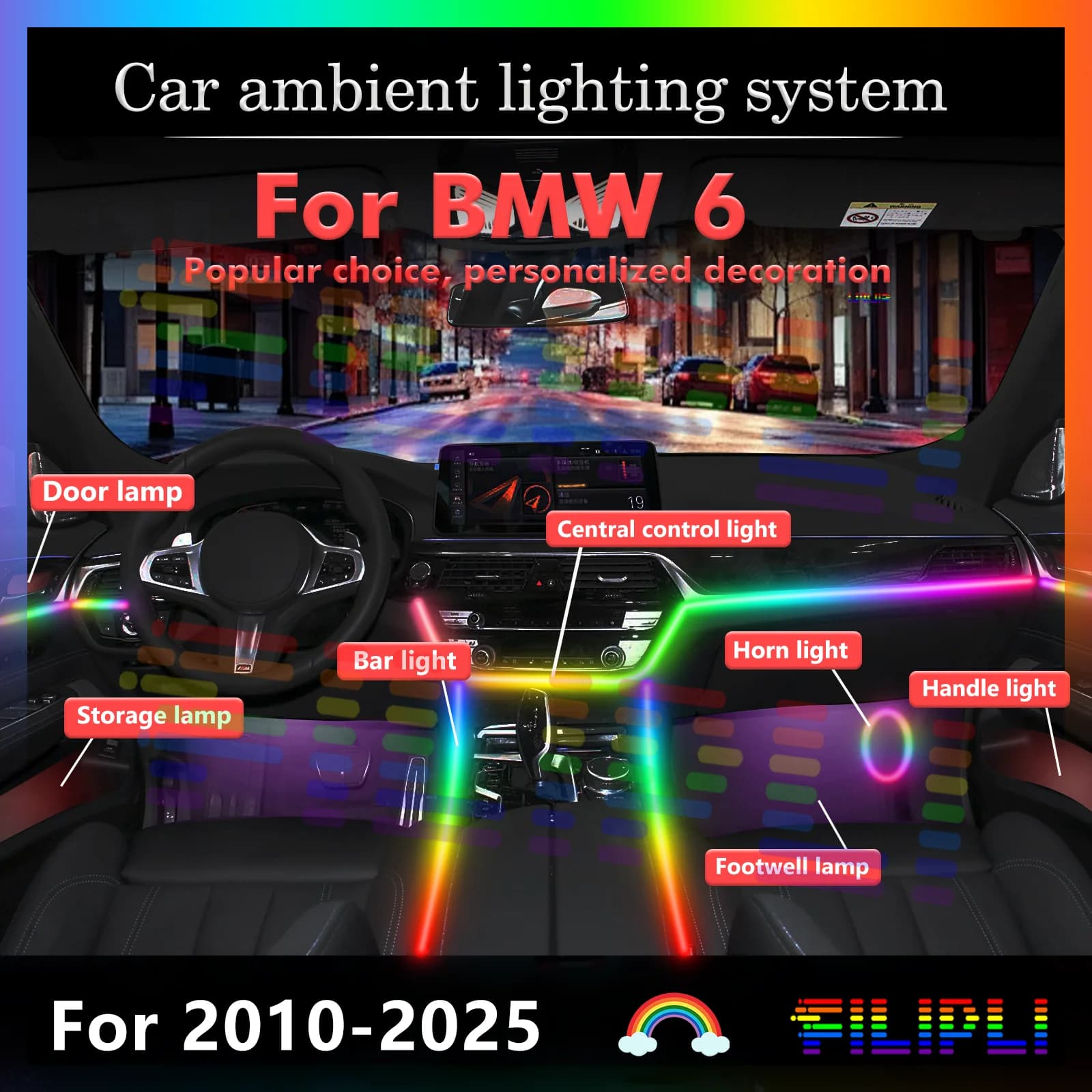 6 in 1 per BMW Serie 6 F13 F12 F06 G32, luci ambientali interne per auto, 64 luci colorate, strisce LED neon con controllo tramite app.