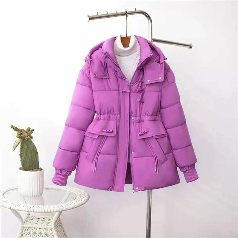 2025 inverno nuovo piumino di cotone ispessito temperamento moda donna con cintura cappotto con cappuccio femminile caldo lungo luccio soprabito