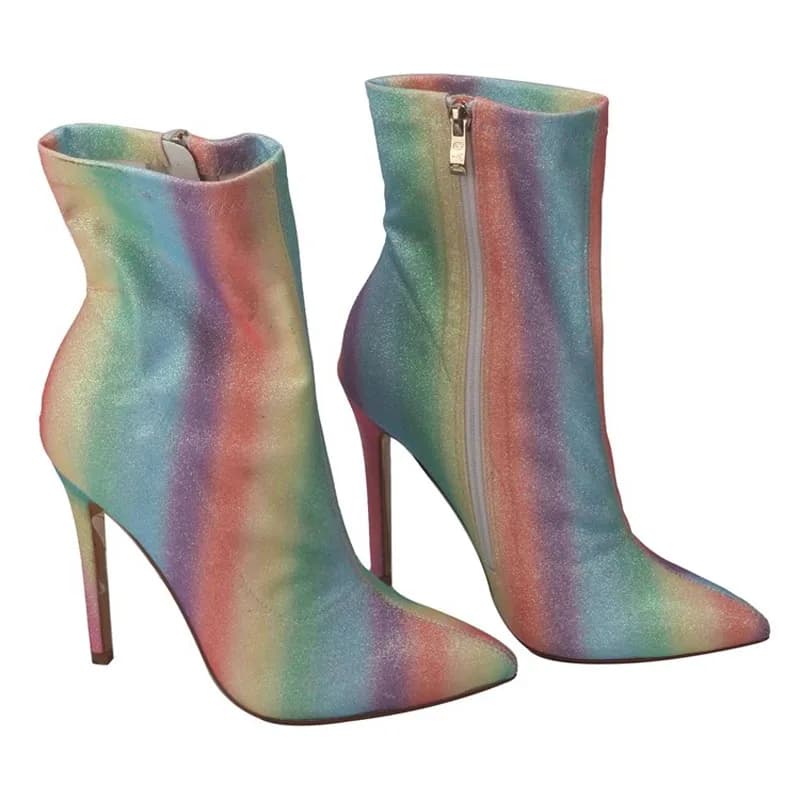 Stivali sexy con calzino arcobaleno scintillante con tacco alto Stivaletti colorati in tessuto elasticizzato con cerniera laterale per donna