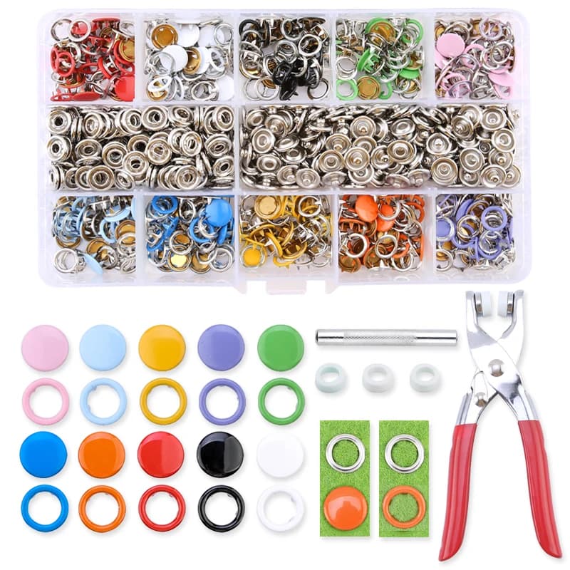 Occhielli Kit di fissaggio a scatto Bottoni rivetti in pelle Borchie a pressione in metallo per cucire Elementi di fissaggio per l'installazione di borse per vestiti