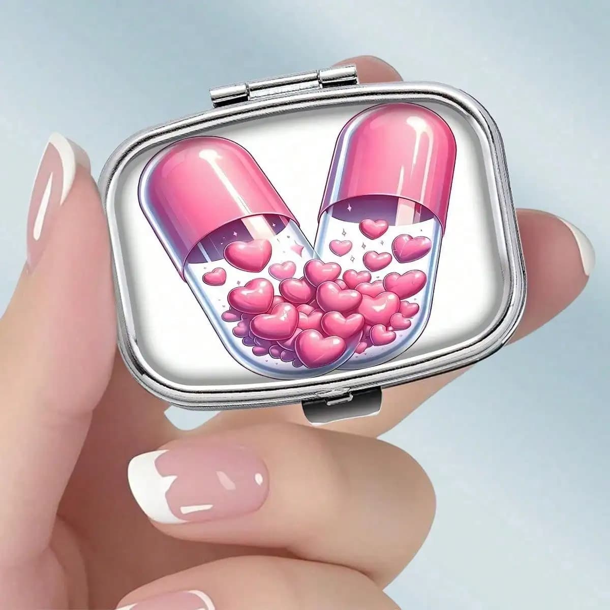 A Portable Square Metal Pill Box Featuring a Heart-Shaped Capsule Pattern and Dual Compartment Design, It Is Elegant and Aesthetically Pleasing, Making It an Ideal Choice for Storing Medicines or Health Supplements. It Is Also Very Suitable for Organizing Vitamins, Storing Small Items, Etc.