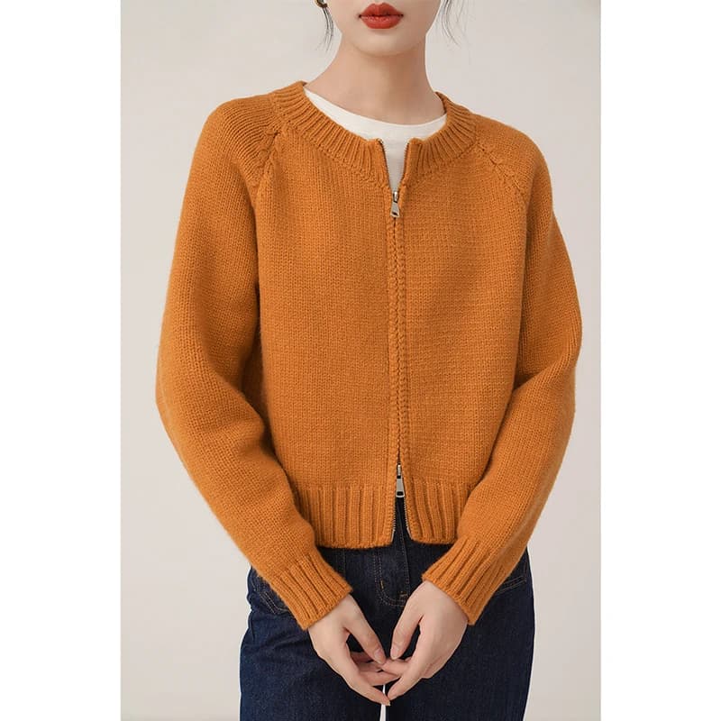 Cappotto in maglia da donna con doppia cerniera, lavorazione a maglia spessa, colore arancione, stile dolce, cappotto invernale alla moda