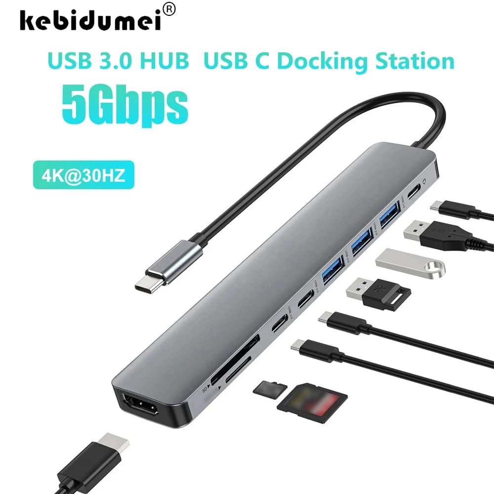 KEBIDUMEI Hub USB C 4K30Hz Docking Station 9-IN-1 5Gbps USB 3.0 Hub da TYPE-C a 4K HDMI-Compatibile Adattatore Splitter USB per Laptop