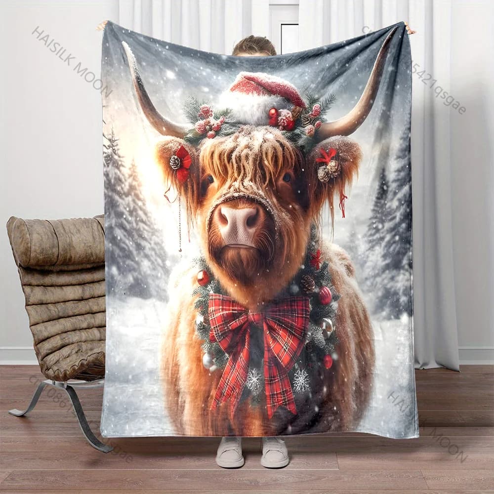 Bovini festivi con motivo natalizio, coperta in flanella, materiale morbido e caldo per tutte le stagioni, campeggio all'aperto, picnic, camper