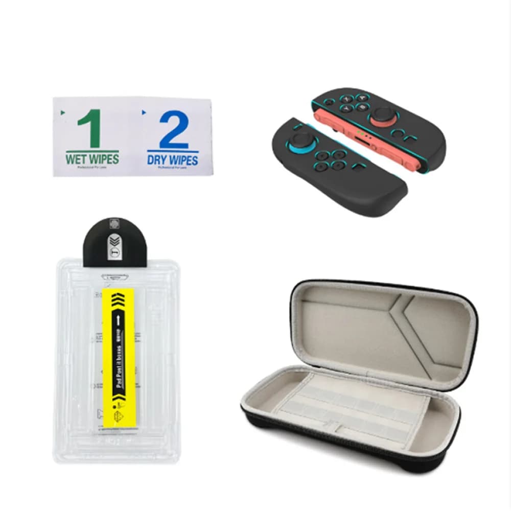 Custodia da trasporto con manico diviso + strumento adesivo senza polvere + pellicola temperata per schermo + salviette asciutte/bagnate per accessori Switch 2