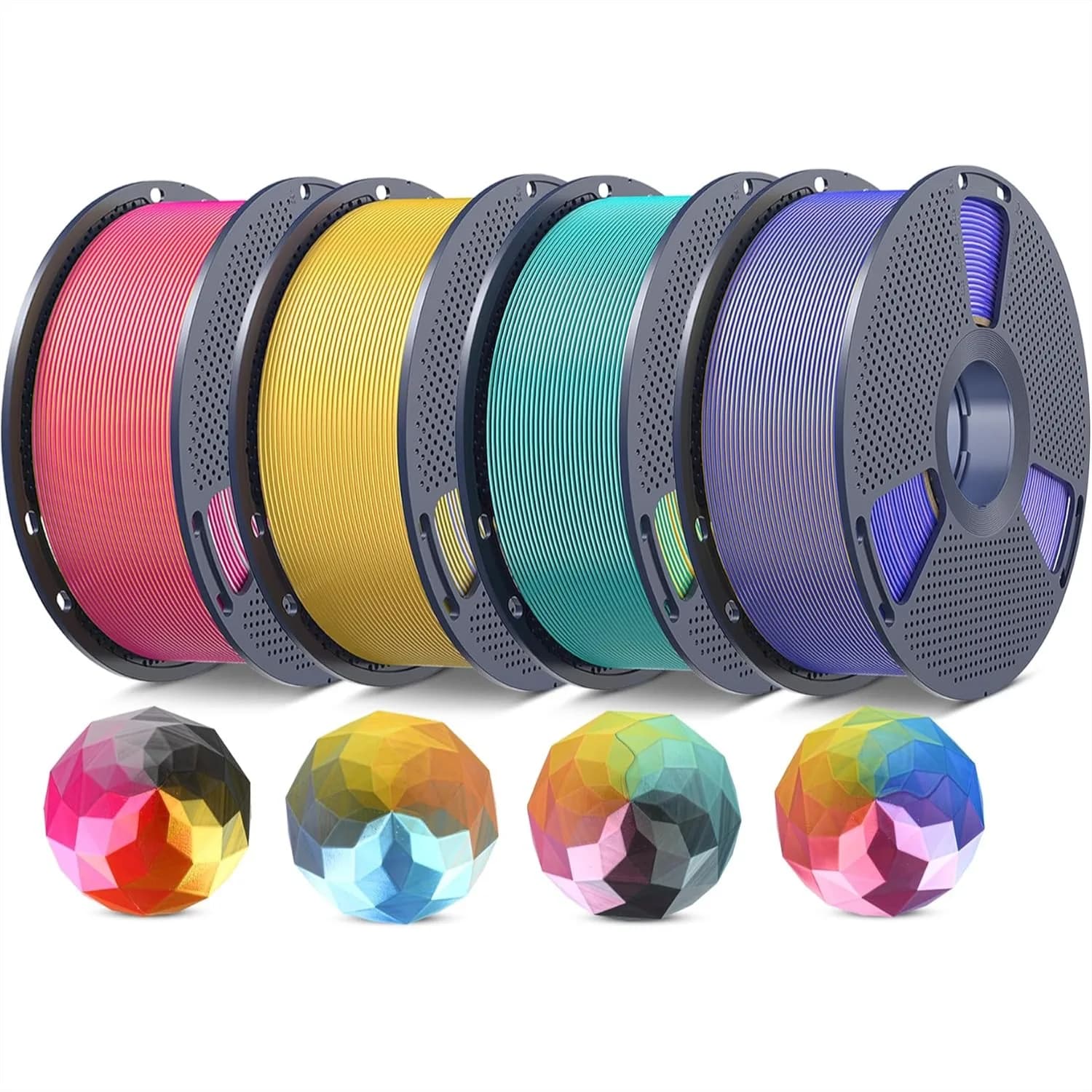 Filamento PLA+ Seta Multicolore 4 Colori, 1.75mm +/- 0.02mm, Texture Lucida, 4kg Totali, 1kg per Bobina, Confezione da 4