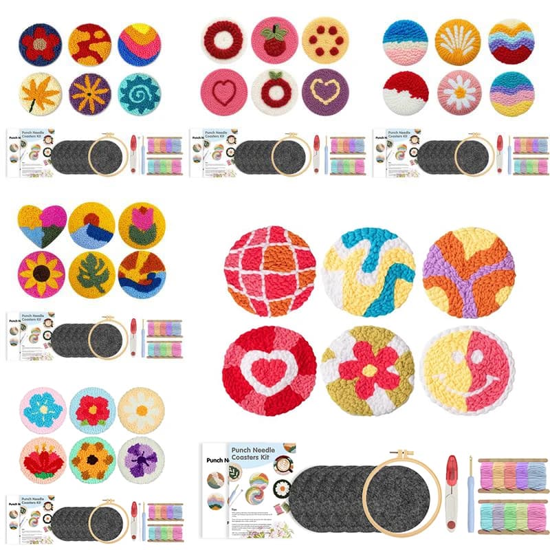 6pcs Punch Needle Coaster Kit Yarns and Sewing Coasters Kits for Beginners DIY Tufted Rug Pads with Adhesive Felt Embroidery