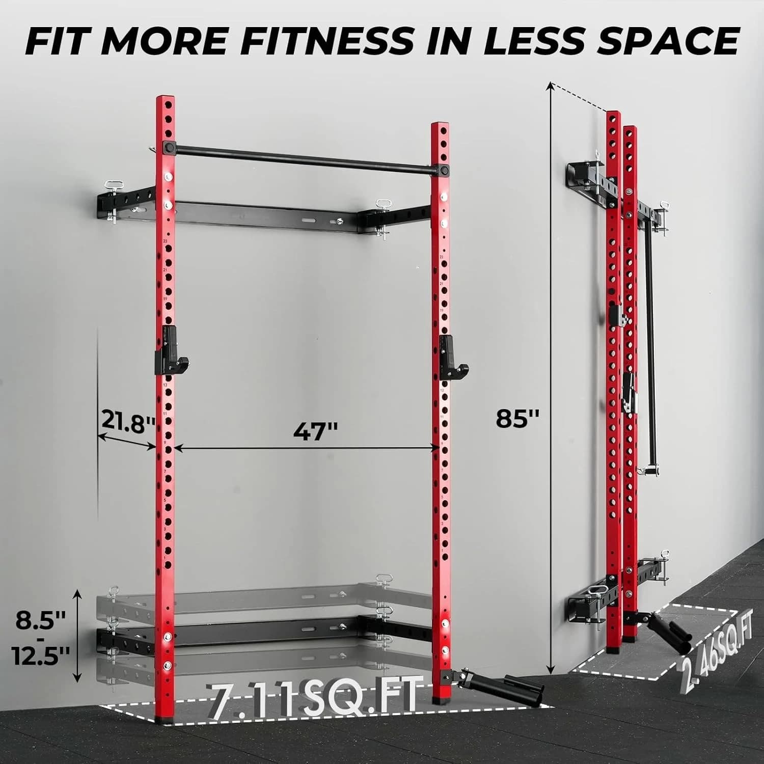 2" x 2" Folding Wall Mounted Squat Rack, 1000 LBS Capacity, Built with Pull Up Bar, J Hooks & Fitness Attachments, Customized
