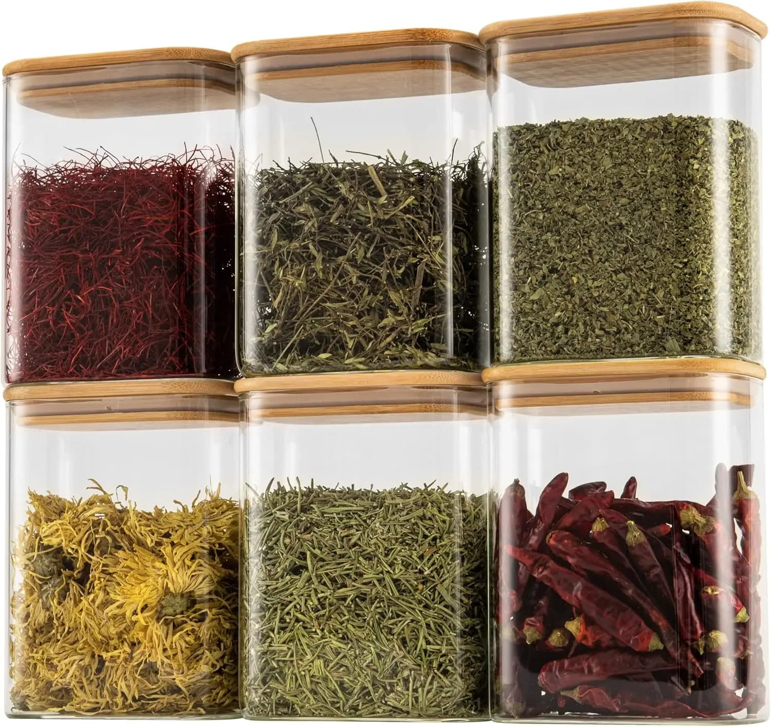 6‑Pack 37‑Oz Rectangle Airtight Glass‑Storage‑Containers, Bamboo Lids, Includes Black Labels, Pantry Organizer for Cereal, Nuts, Snacks & Coffee Beans