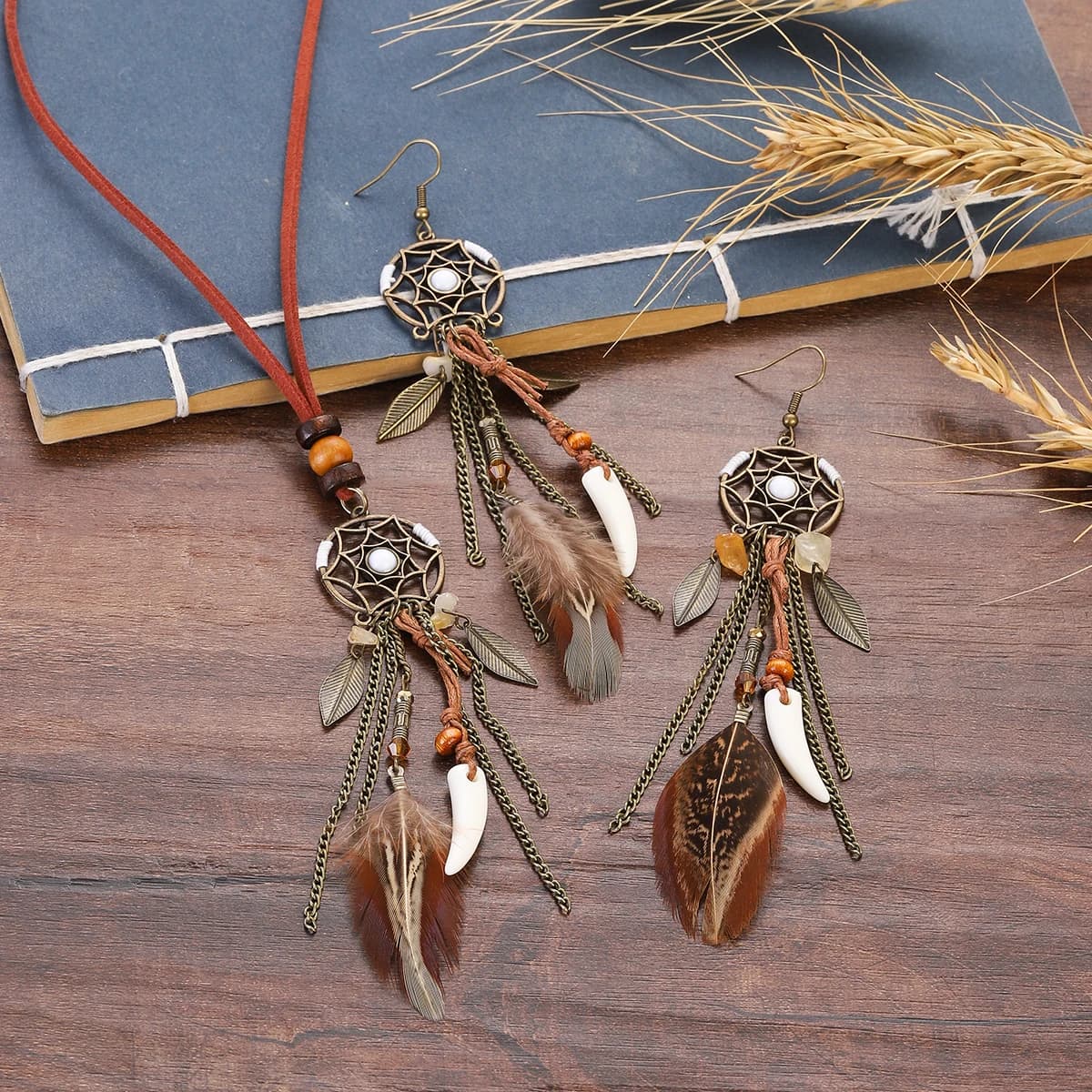 Boho Vintage Round Dream Catcher Long Feather Earrings Sets Handmade Leaf Chain Tassel Necklace Earrings Party Jewelry Gift