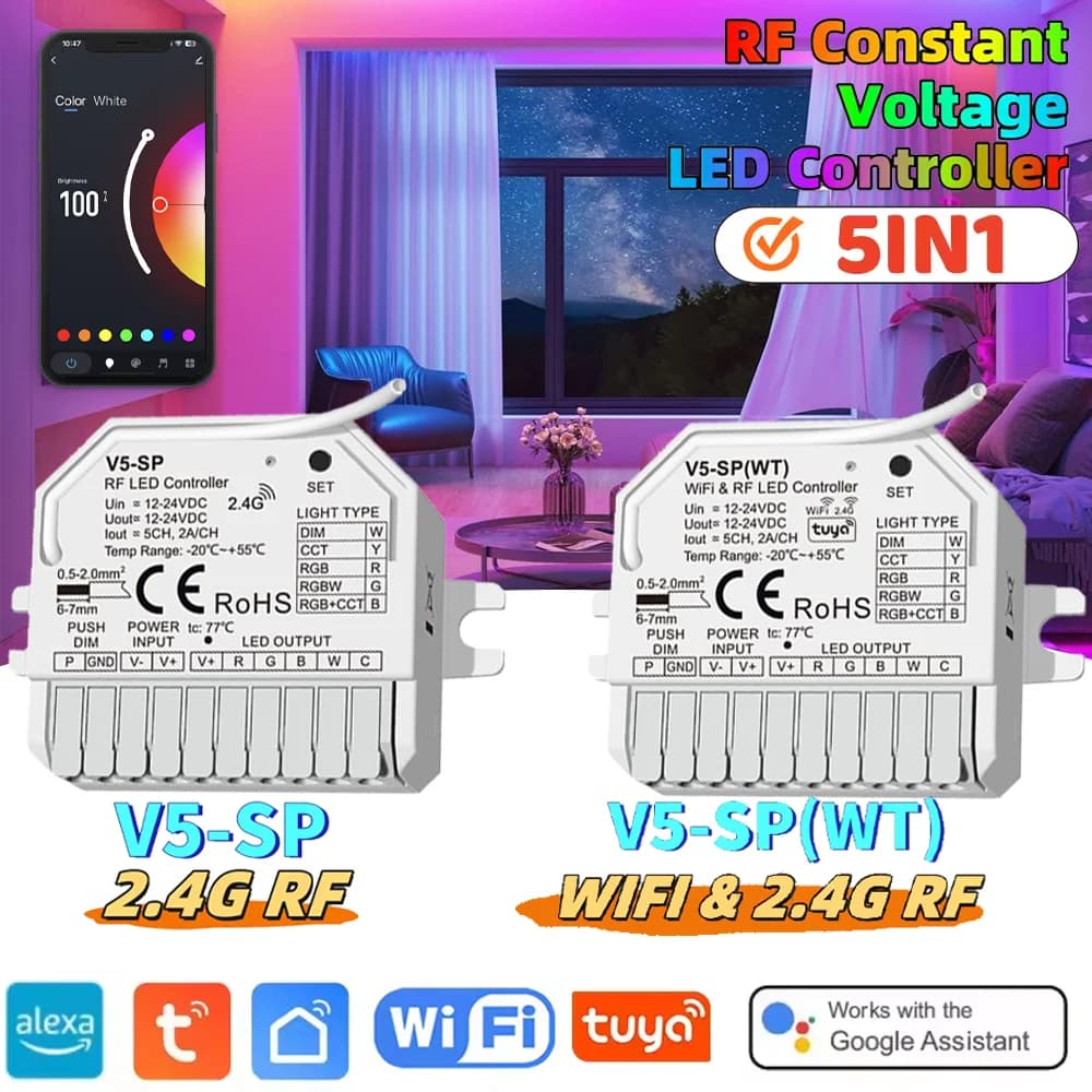 Tuya WIFI Mini 5 in 1 Controller per strisce LED DC12V-24V 5CH * 2A 5050 COB 2835 Strisce LED Dimmer Interruttore tattile Tuya App Smart Life APP