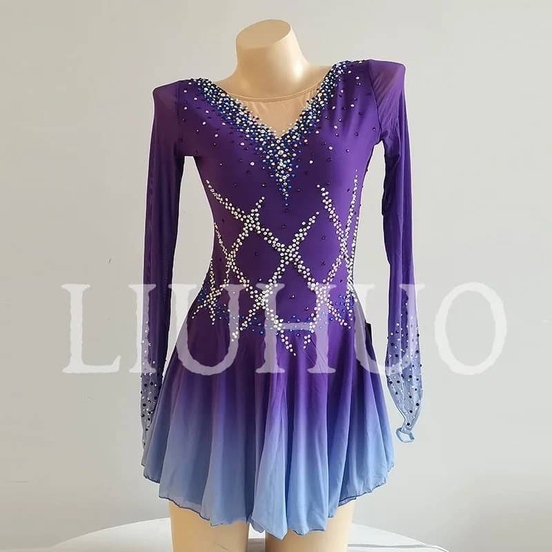 LIUHUO Pattinaggio di Figura sul Ghiaccio Vestito Delle Ragazze Delle Donne Adolescenti Elastico Spandex Viola Gradiente Concorrenza All'ingrosso BD9880