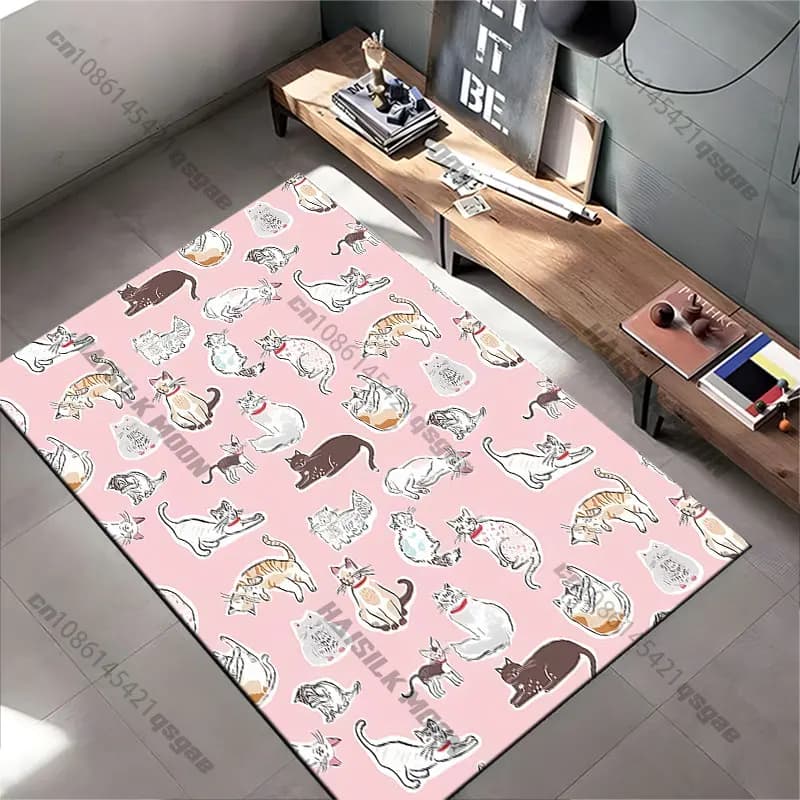 Carpet with playful cats on pink background, yoga mat, decoration for living room, baby kitty mat, game mat
