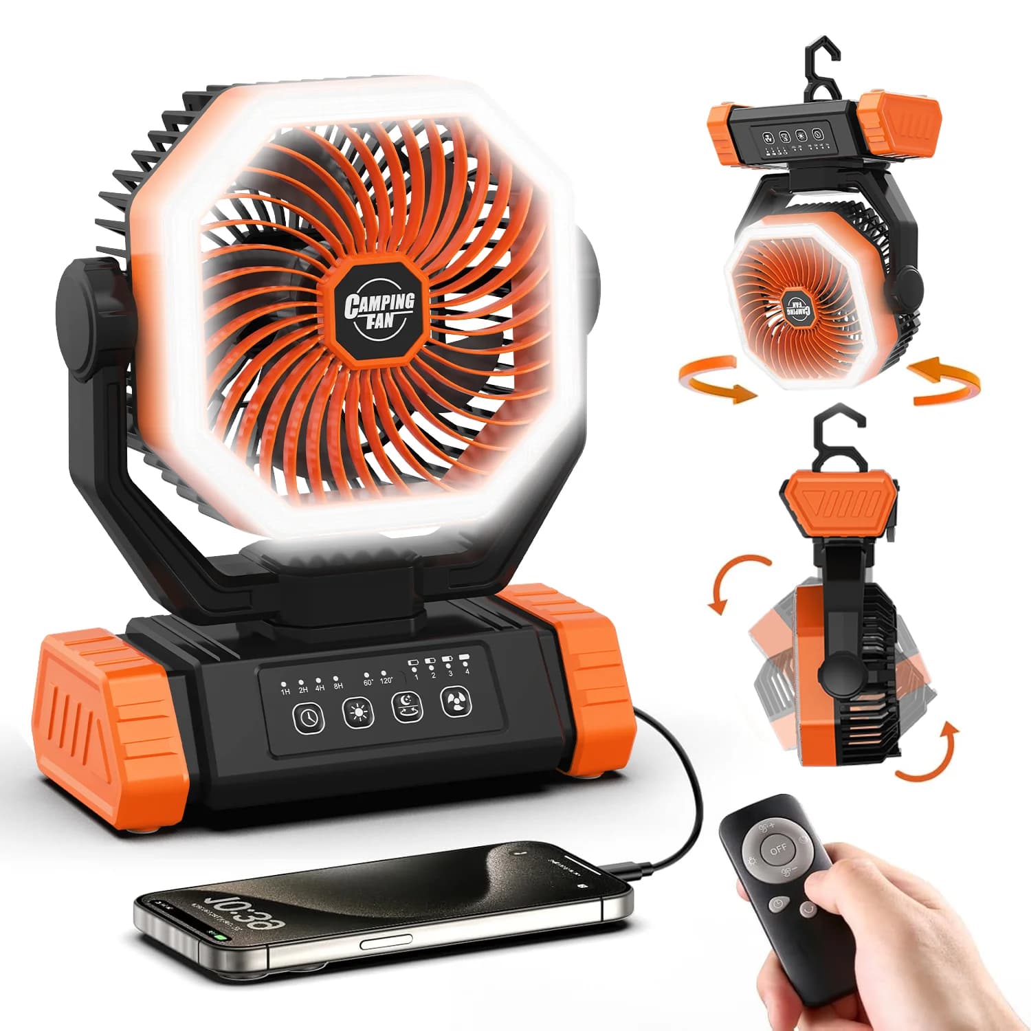 Ventilatore da campeggio con batteria ricaricabile da 20000 mAh, con gancio per striscia luminosa a LED, con timer e funzione di telecomando.